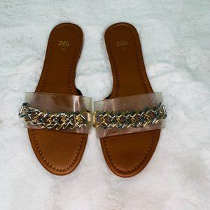 ZARA Silver Gold Chain Flat Sandals 37 6.5 ( New With Tags )
